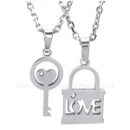 Titanium Silver Key Couples Pendant Necklace (Free Chain)(One Pair)
