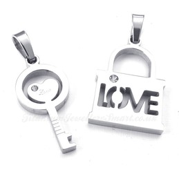 Titanium Silver Key Couples Pendant Necklace (Free Chain)(One Pair)