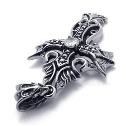 Titanium Cross Pendant Necklace With White Zircon (Free Chain)