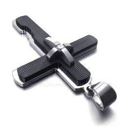 Silver And Black Titanium Cross Pendant Necklace (Free Chain)