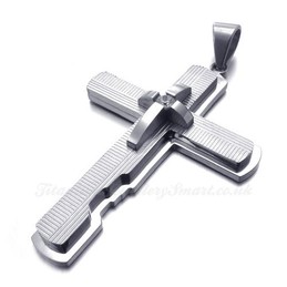 Titanium Three Cross Pendant Necklace With Horizontal And vertical Stripes (Free Chain)