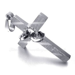 Silver Titanium Cross Pendant Necklace With Two Rings (Free Chain)
