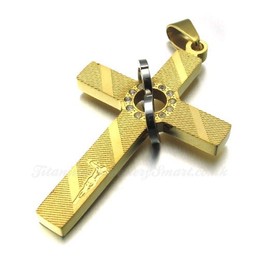 Gold Titanium Cross Pendant Necklace With Twill (Free Chain)