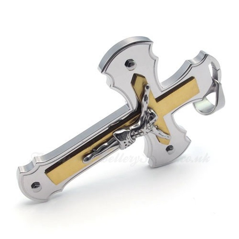 Double Titanium Jesus Cross Pendant Necklace (Free Chain)