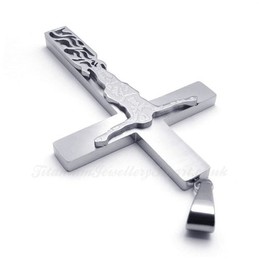 Jesus Silver Titanium Cross Pendant Necklace (Free Chain)