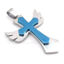 Two Titanium Cross Pendant Necklace With Wings (Free Chain)