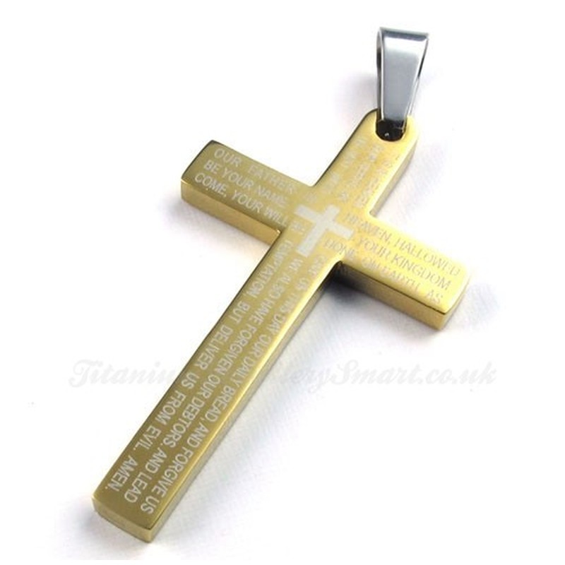 Scripture Titanium Gold Cross Pendant Necklace (Free Chain)