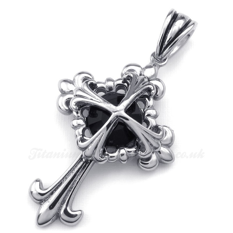 Black Zircon Titanium Flower Cross Pendant Necklace (Free Chain)
