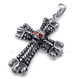 Titanium Cross Pendant Necklace Adorned With Skull (Free Chain)