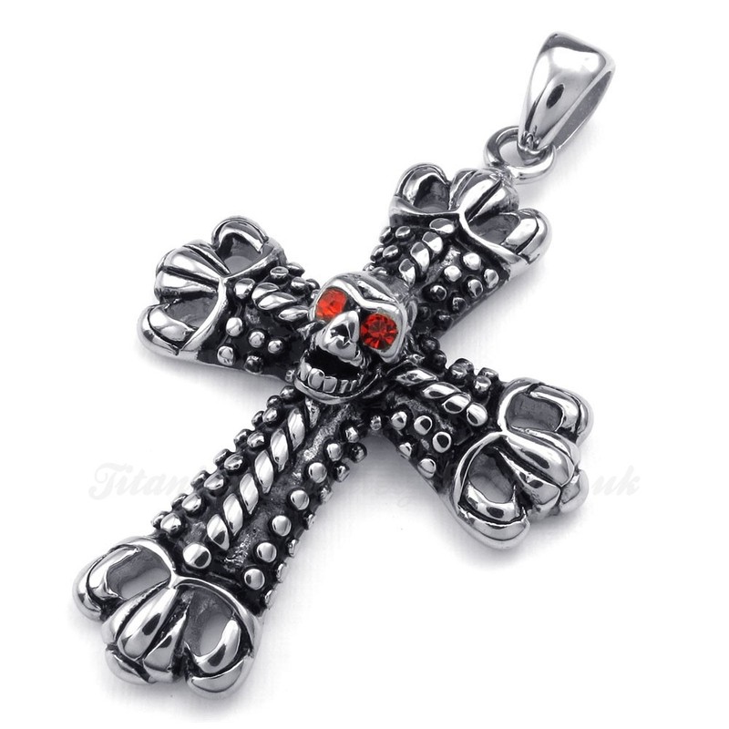 Titanium Cross Pendant Necklace Adorned With Skull (Free Chain)