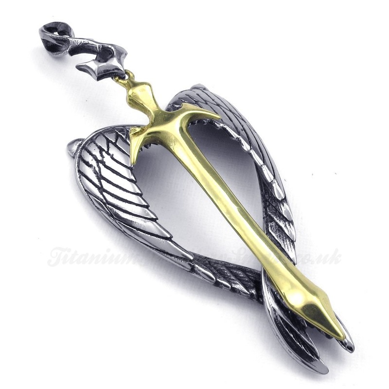 Wings Titanium Gold Cross Pendant Necklace (Free Chain)