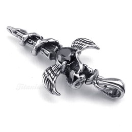 Black Zircon Sword Wings Titanium Cross Pendant Necklace (Free Chain)
