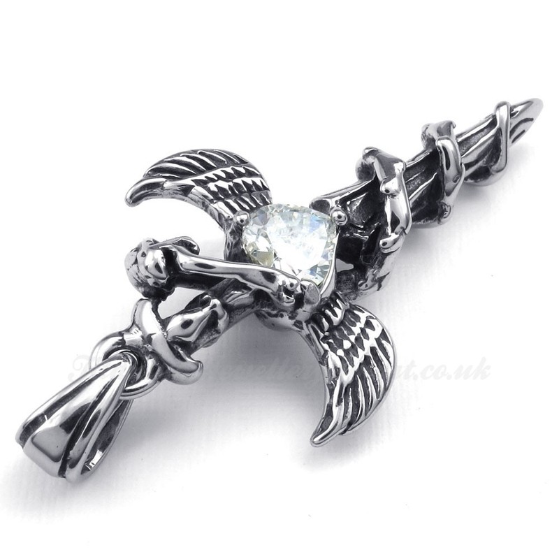 White Zircon Sword Wings Titanium Cross Pendant Necklace (Free Chain)