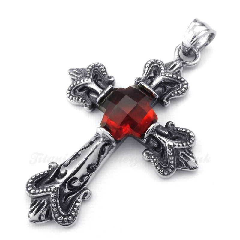 Titanium Red Zircon Cross Pendant Necklace (Free Chain)