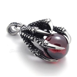 Titanium Eagle Claws Pendant Necklace With Red Zircon (Free Chain)