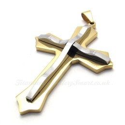 Silver And Gold Double Cross Titanium Pendant Necklace (Free Chain)