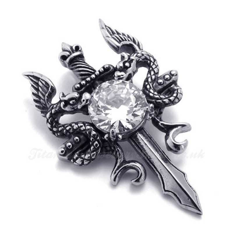 Double Dragon Sword Titanium Pendants Necklace With White Zircon (Free Chain)