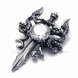 Double Dragon Sword Titanium Pendants Necklace With White Zircon (Free Chain)