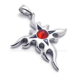 Titanium Flame Cross Pendant Necklace With Red Zircon (Free Chain)
