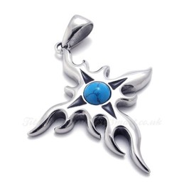 Titanium Flame Cross Pendant Necklace With Blue Zircon (Free Chain)