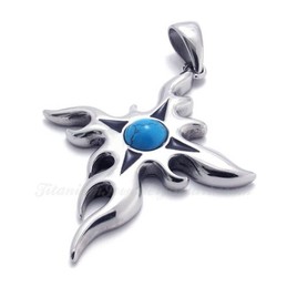 Titanium Flame Cross Pendant Necklace With Blue Zircon (Free Chain)