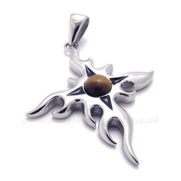 Titanium Flame Cross Pendant Necklace With Brown Zircon (Free Chain)