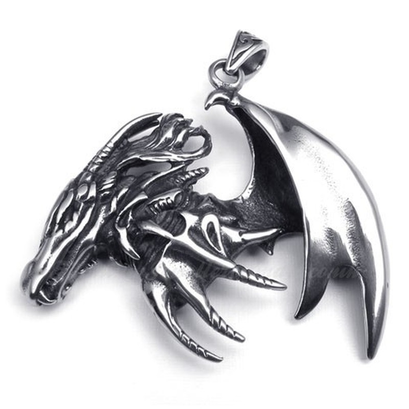 Dragon Titanium Pendant Necklace With Wing (Free Chain)