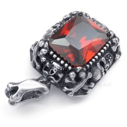 Titanium Skull Pendant Necklace With Red Zircon (Free Chain)