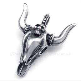 Titanium Bull Pendant Necklace Adorned With Skull (Free Chain)