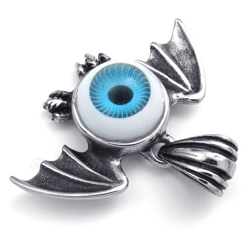 Titanium Blue Eyes Pendant Necklace Bat Wings (Free Chain)