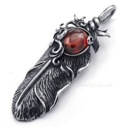 Red Zircon Titanium Feather Pendant Necklace (Free Chain)