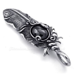 Black Zircon Titanium Feather Pendant Necklace (Free Chain)