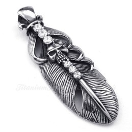 Titanium Feather Pendant Necklace Adorned With Skull (Free Chain)