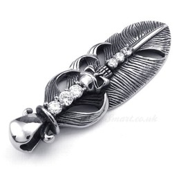 Titanium Feather Pendant Necklace Adorned With Skull (Free Chain)