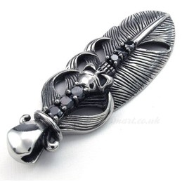 Titanium Feather Pendant Necklace Adorned With Skull (Free Chain)