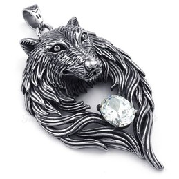 White Zircon Titanium Wolf Pendant Necklace (Free Chain)