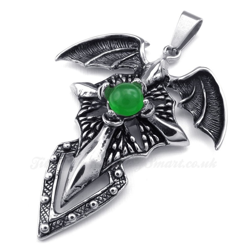 Green Beads Titanium Pterosaur Pendant Necklace (Free Chain)