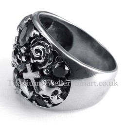 Mens Titanium Skull Ring with Black Zircon