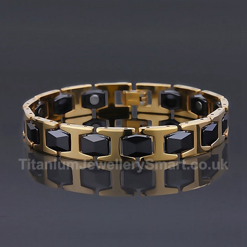 Titanium,Ceramic Golden Mens Black Bracelet