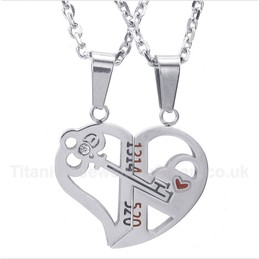 Titanium Heart Shaped Lock Couple's Pendant with Free Chain (One Pair)