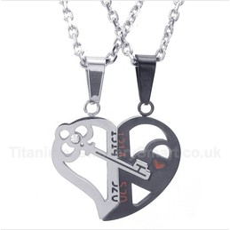 Titanium Heart Shaped Lock Couple's Pendant with Free Chain (One Pair)