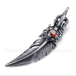 Titanium Red Crystal Feather Pendant with Free Chain