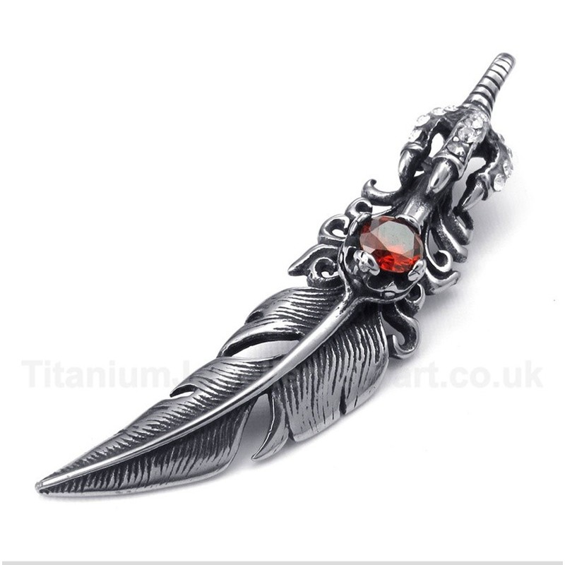 Titanium Red Crystal Feather Pendant with Free Chain