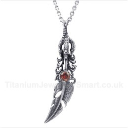 Titanium Red Crystal Feather Pendant with Free Chain