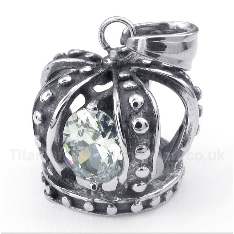 Titanium White Crystal Crown Pendant with Free Chain