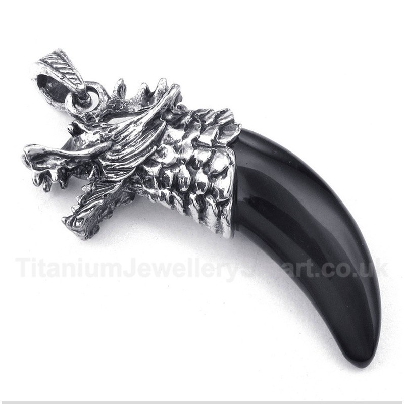 Titanium Black Onyx Wolf Head Horns Pendant with Free Chain