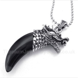 Titanium Black Onyx Wolf Head Horns Pendant with Free Chain