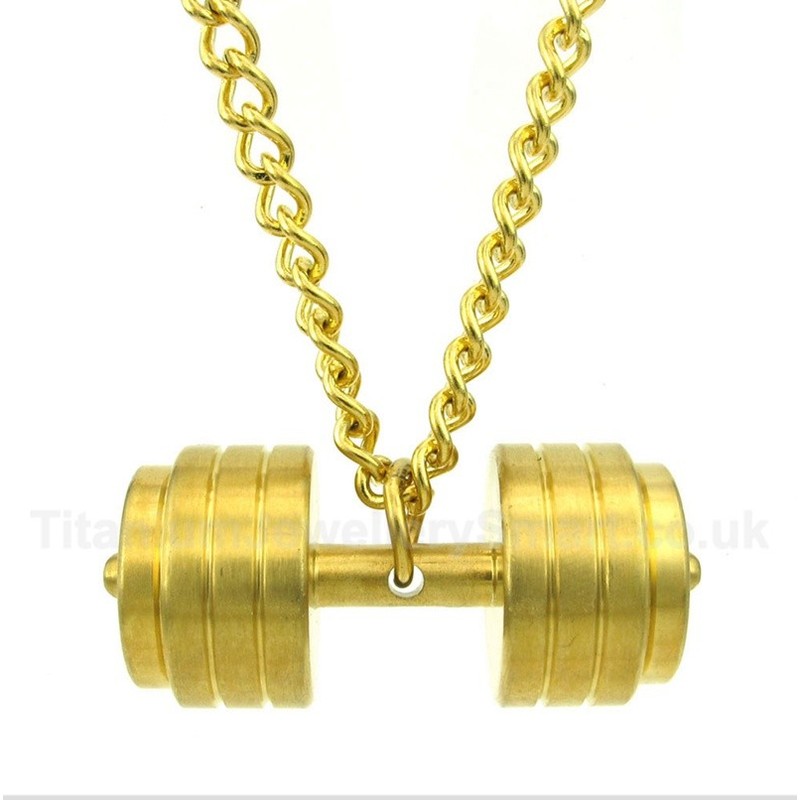 Gold Titanium Dumbbells Pendant with Free Chain