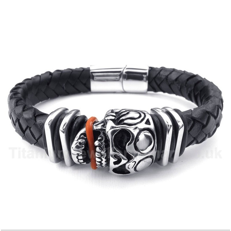 Leather Skull Titanium Bracelet