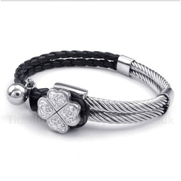 Clover Black Leather Titanium Bracelet